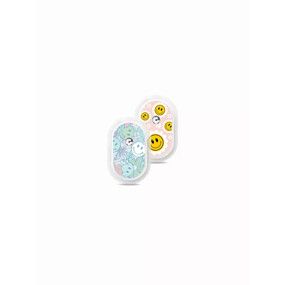 Stickers for Sibionics GS1 CGM in Y2K designs including smiley faces and floral patterns.