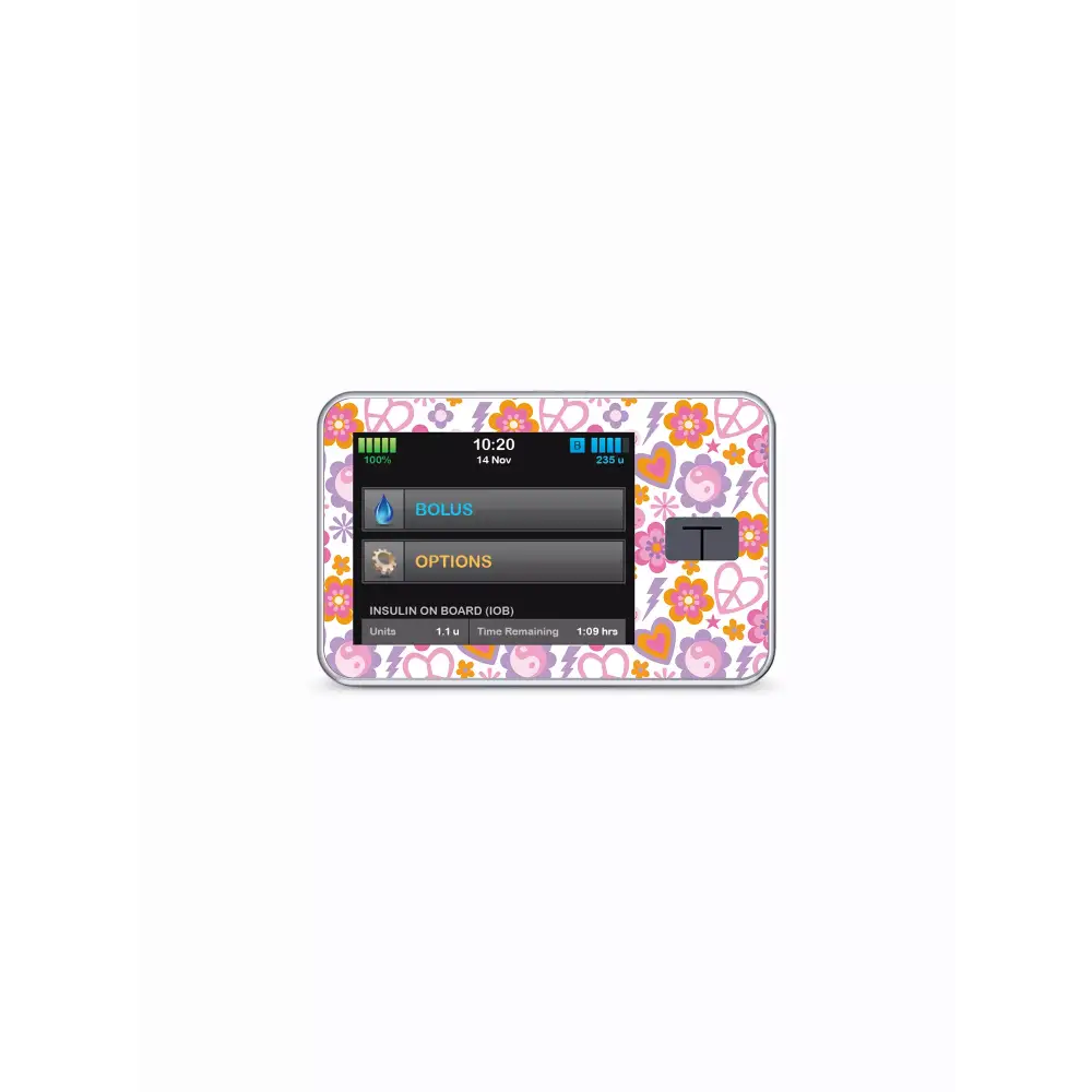 Stickers for Tandem T Slim featuring retro Y2K designs with smileys and florals.