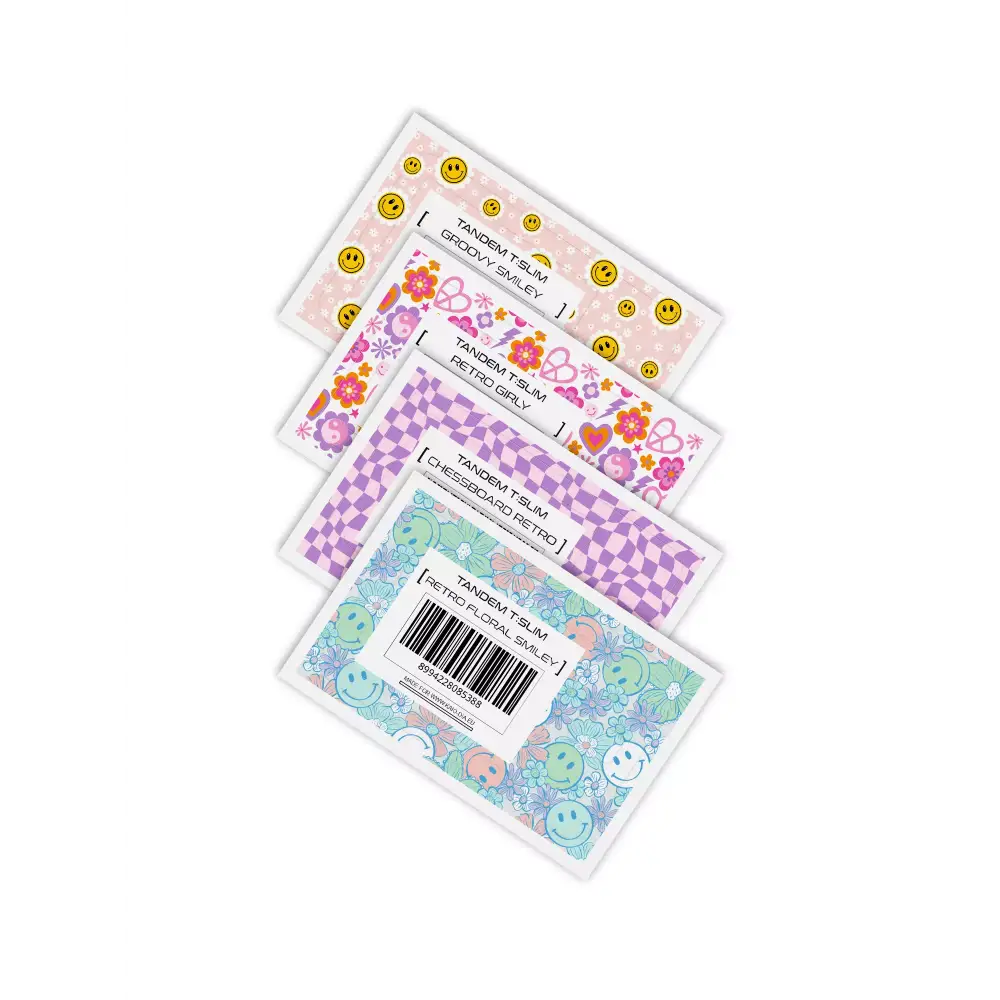 Stickers for Tandem T:slim Y2K Collection with retro pastel designs.