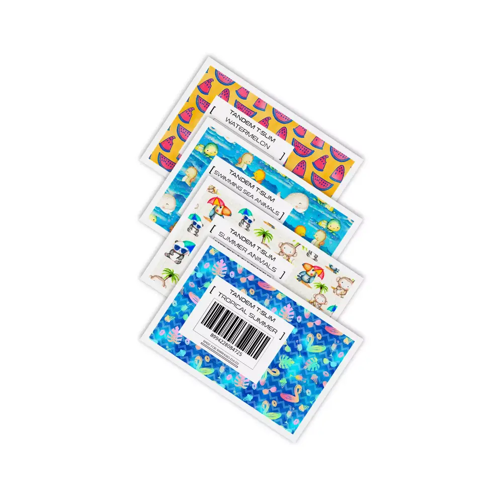 Tandem T slim Stickers - Summer Edition with vibrant summer designs and beach themes.