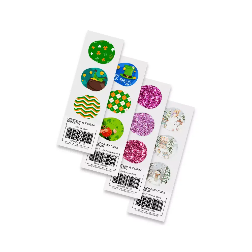 Dexcom G7 sensor stickers, St. Patrick's Day edition, featuring festive designs on laminated sheets.
