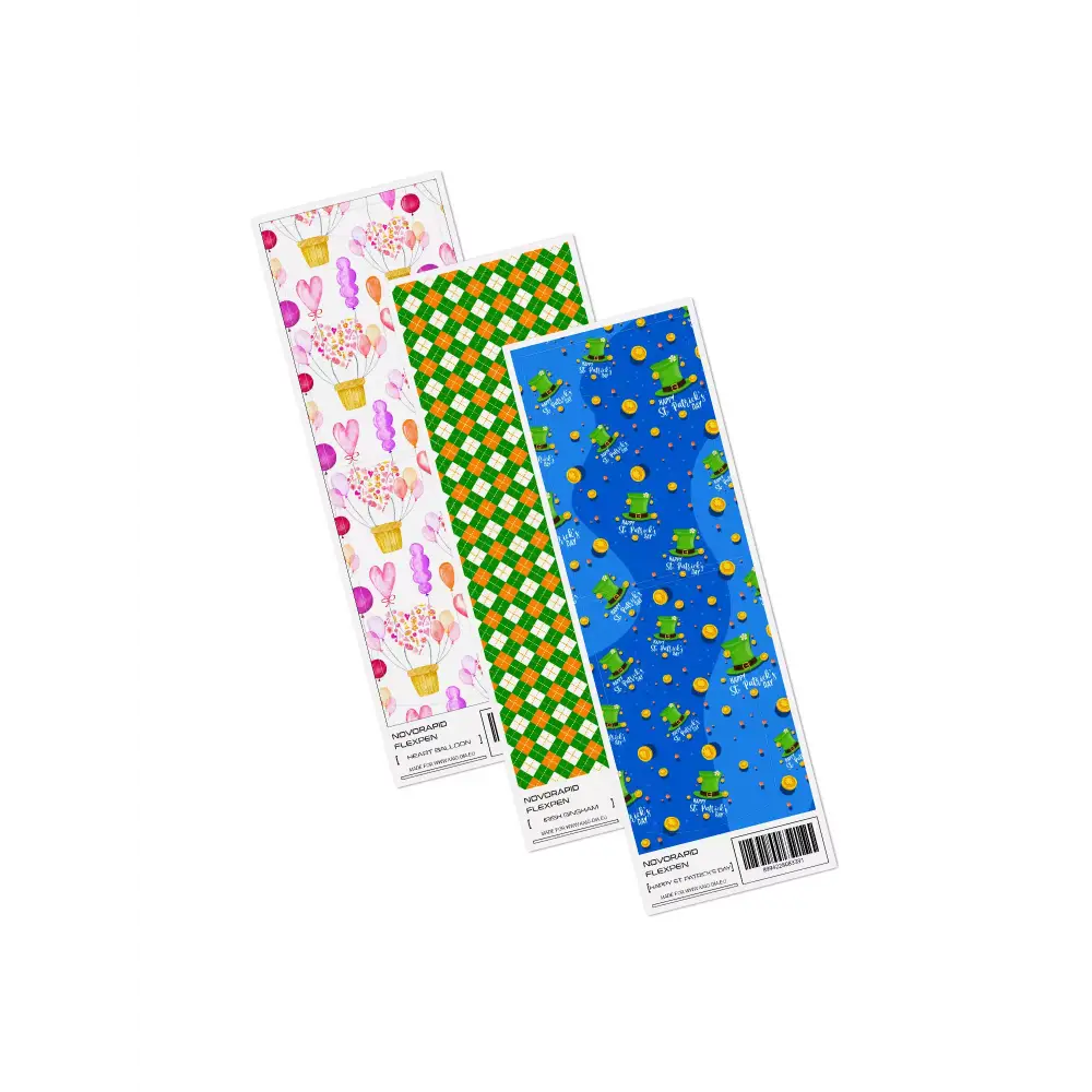 St. Patrick's Day NovoRapid FlexPen stickers with festive designs.