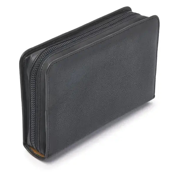 Stylish leather diabetic travel case with zip closure.