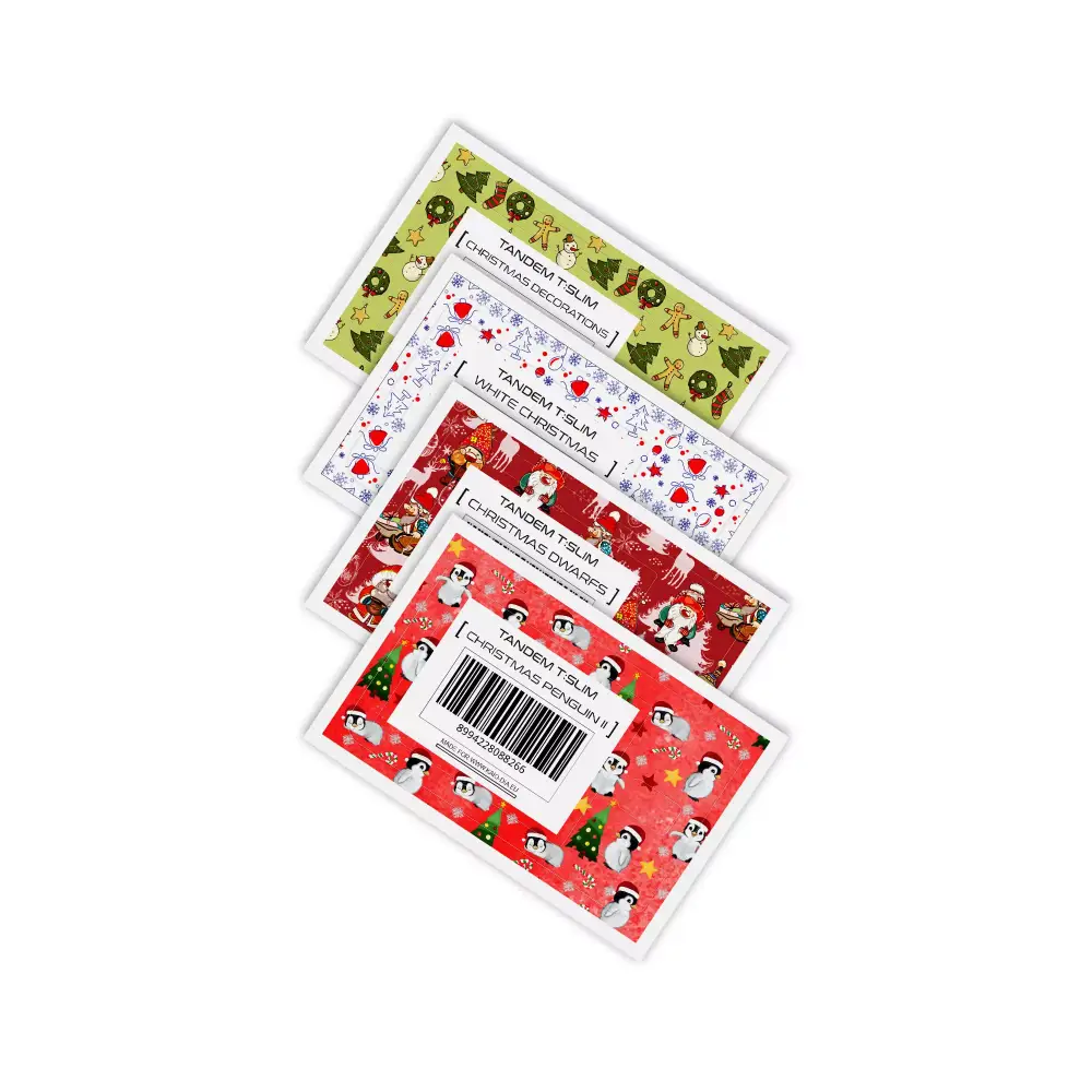 Stack of colorful Christmas-themed stickers for Tandem T-Slim Pump designs