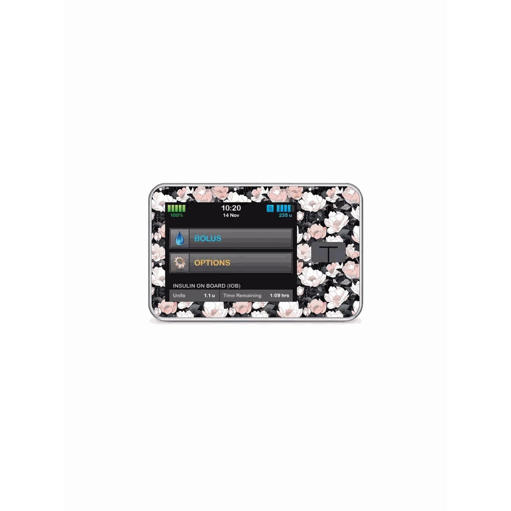 Tandem T-Slim insulin pump with floral vinyl sticker, Spring Edition 2025.