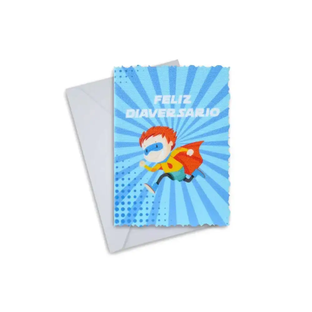Inspiring Diaversary greeting card with superhero design and "Feliz Diaversario" text, showcasing a vibrant, celebratory theme on high-quality canvas.