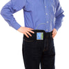 Person wearing horizontal infusion pump bag with waist belt for portable medication and therapy pumps