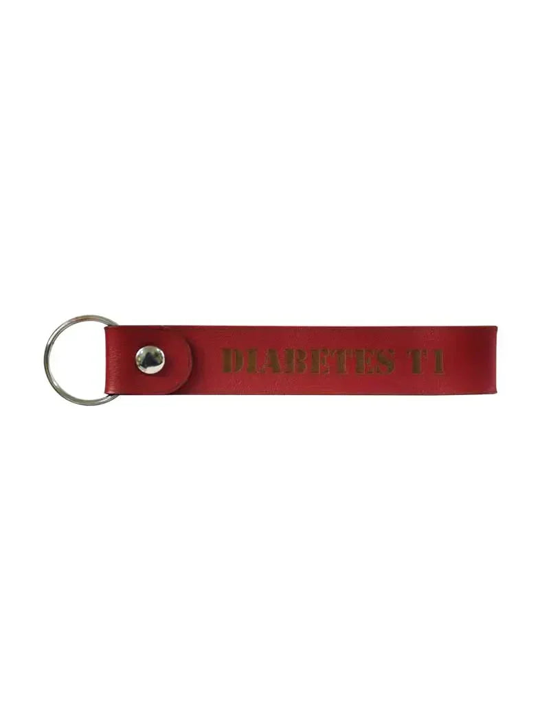 Diabetes T1 leather keychain in red with metal ring, Kaio-Key Hanger.