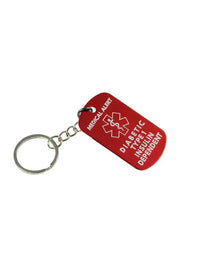 Diabetic Type 1 insulin dependent metal keychain with red medical alert symbol.