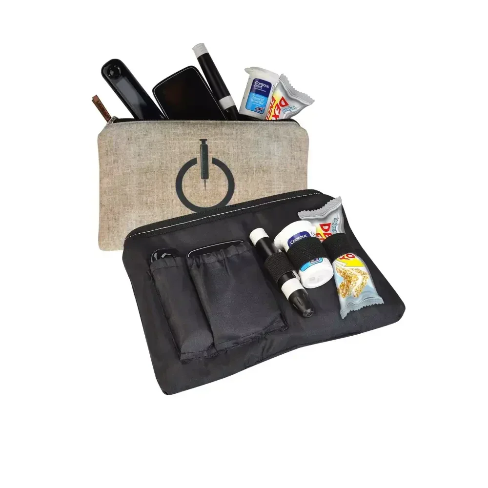 Zipper bag for diabetics with compartments for glucose meter, test strips, lancets, and snacks.