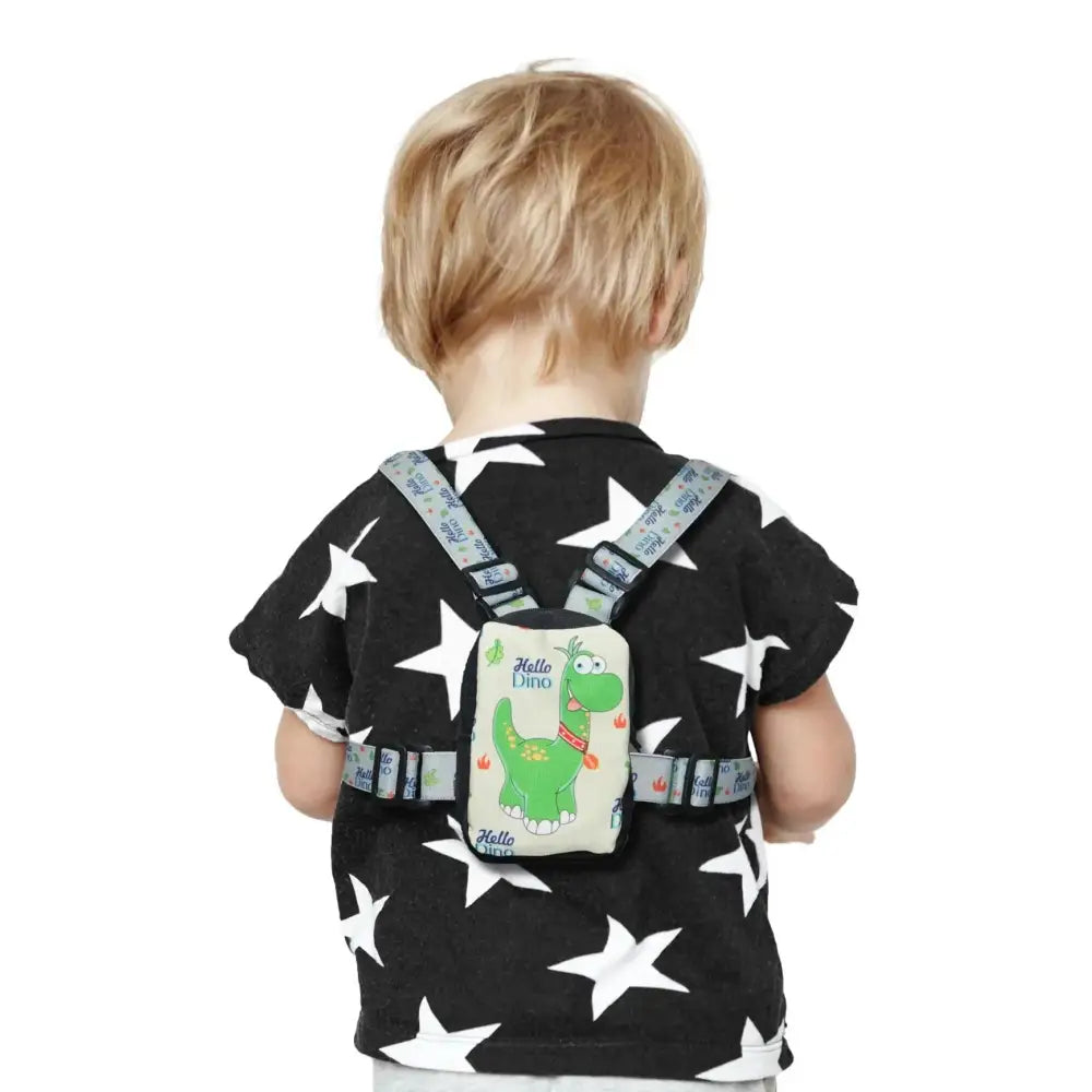Insulin pump harness for children, featuring adjustable straps and dinosaur design, ensures comfort and safety during nighttime.