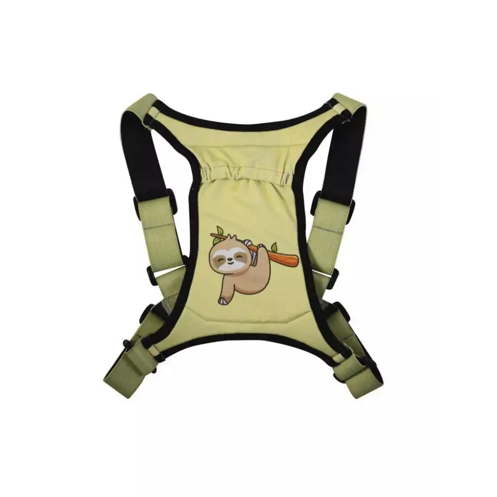 Insulin pump harness for kids with sloth design, featuring soft adjustable straps and a secure pocket.