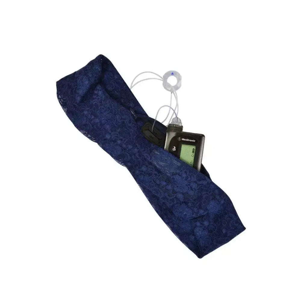 Navy lace insulin pump waist belt with inner pocket and reinforced openings.