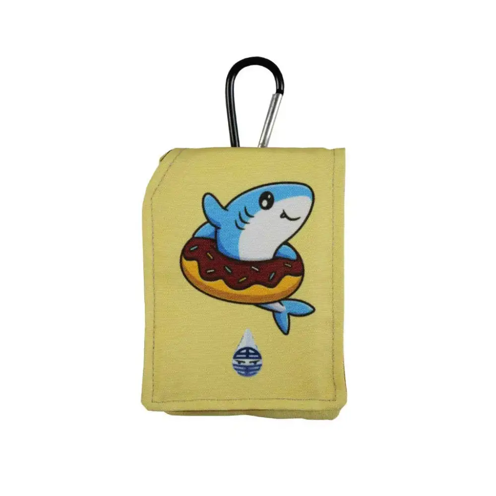 Insulin pump pouch for kids with cooling system, yellow design with shark illustration.