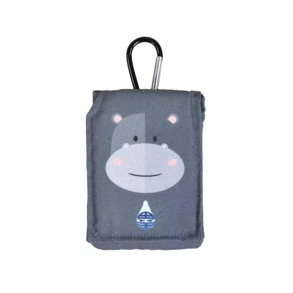 Insulin pump pouch for kids with hippo design and carabiner.