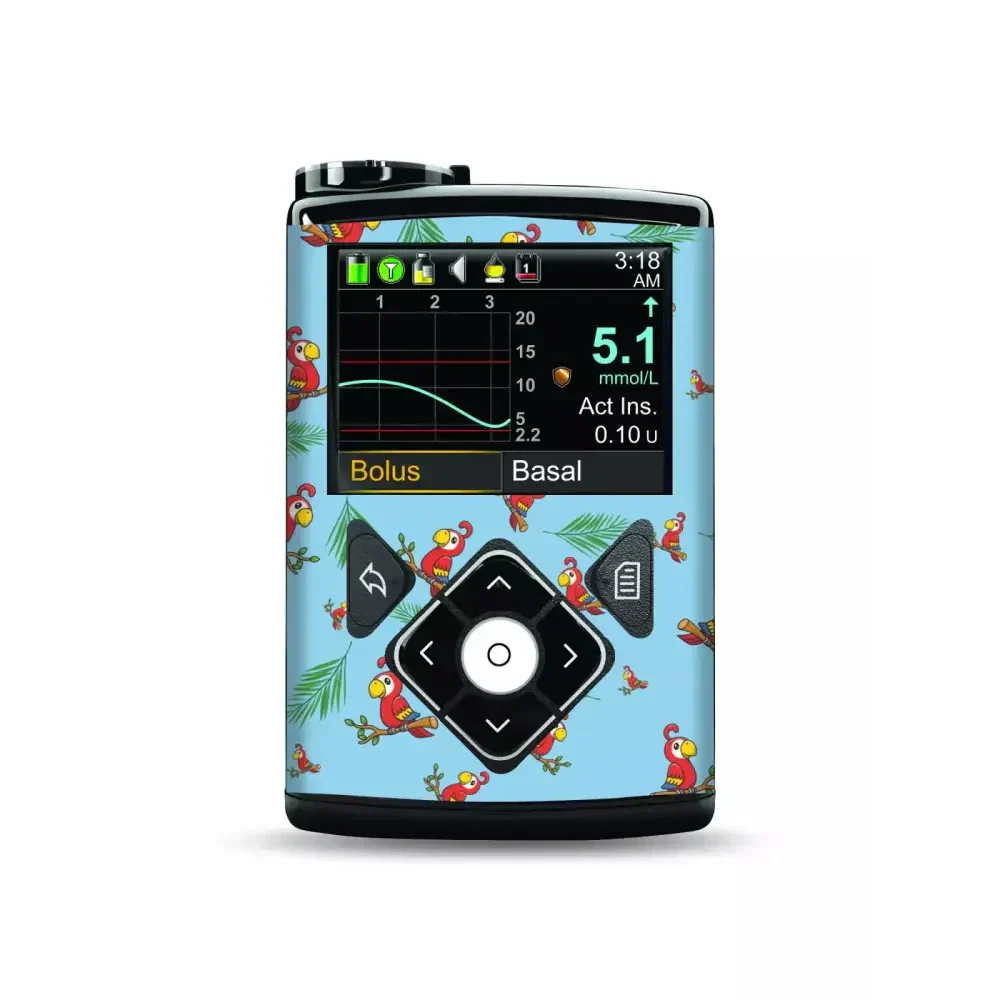 Medtronic MiniMed insulin pump with colorful funny animal decorative sticker, compatible with 670G, 770G, 630G, 640G models, water-resistant vinyl design.