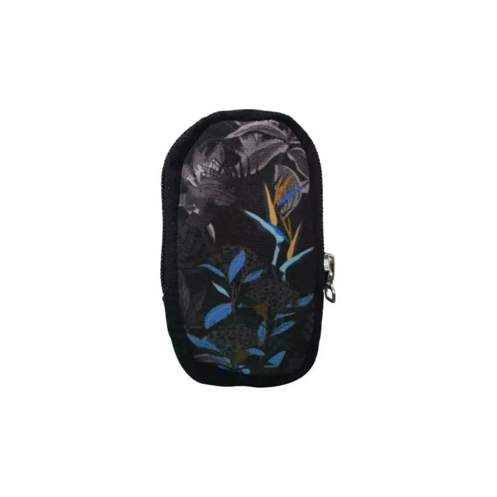 Compact black pouch for glucose meter with blue and orange floral design and zipper closure