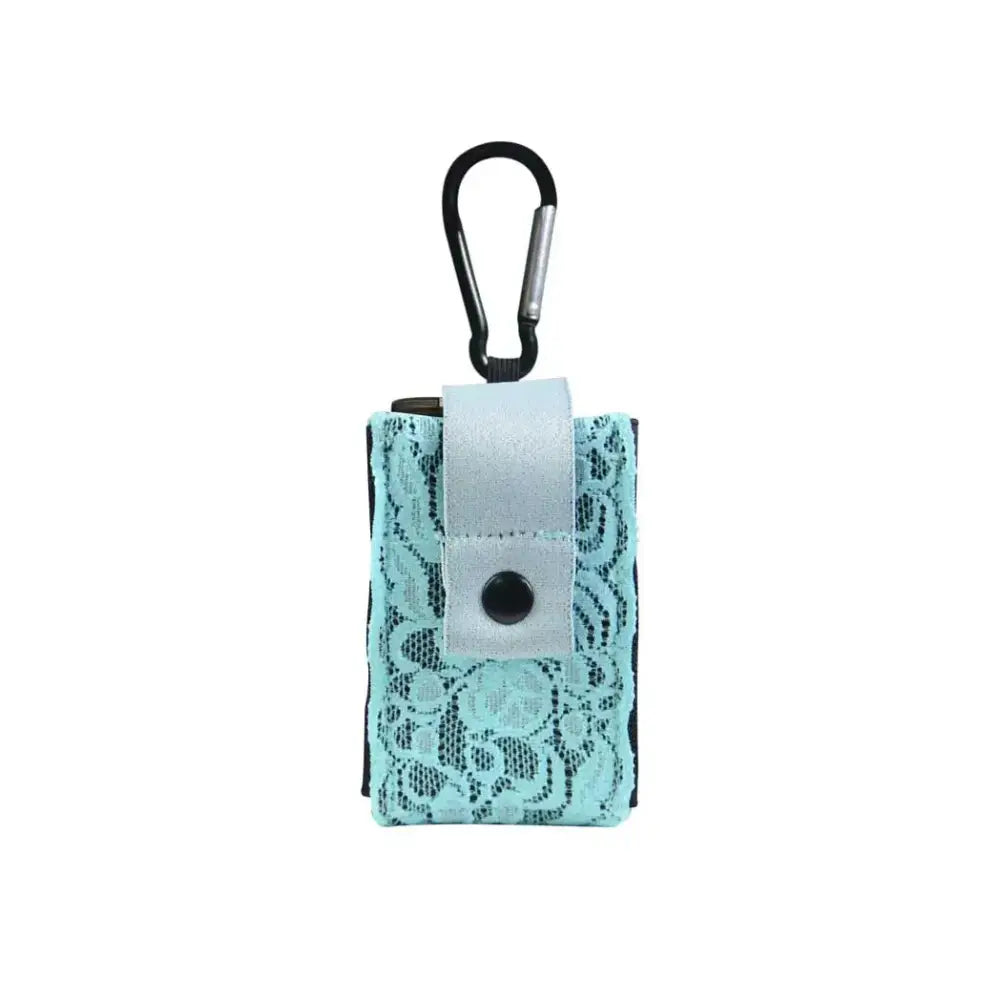 Neon lace insulin pump pouch with carabiner attachment.