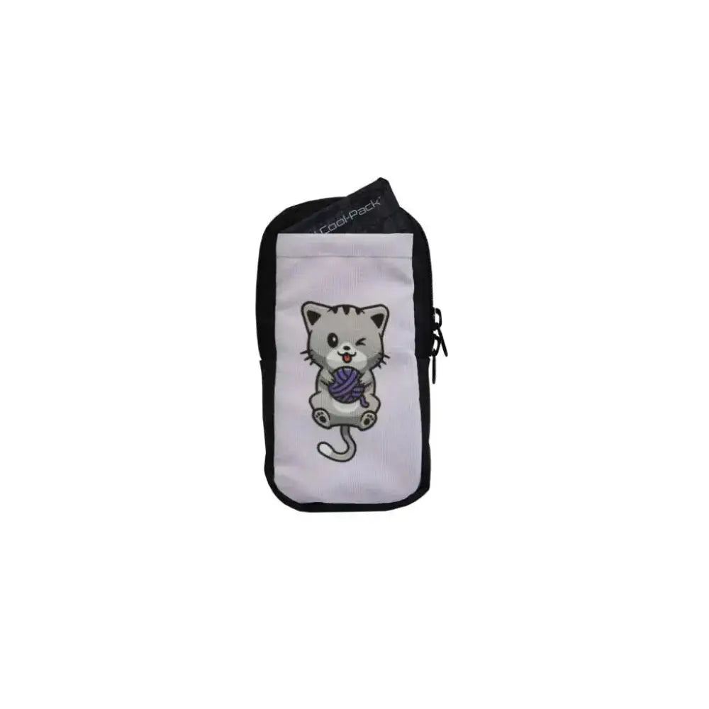 Kid-friendly vertical insulin pump case with cute cat print, includes Dia-Cool pack, fits belts.