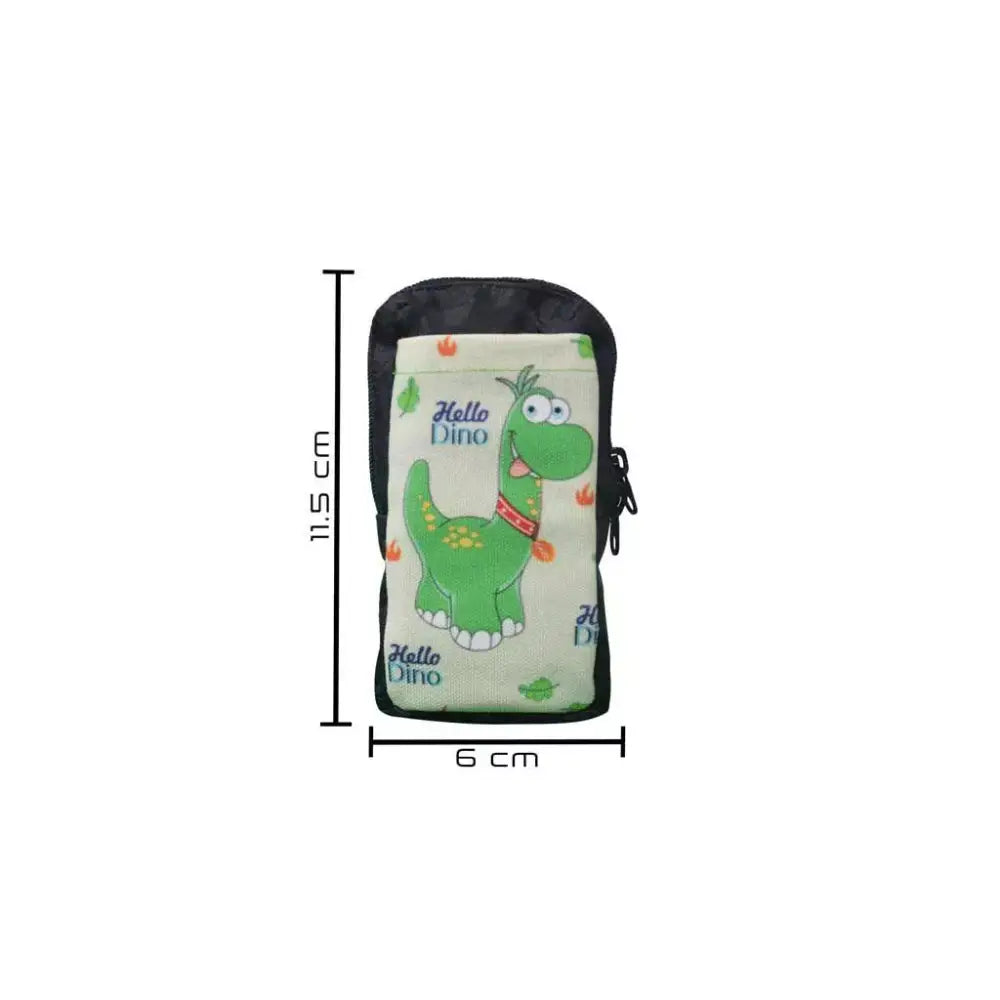 Vertical insulin pump case for children with green dinosaur print, dimensions 6x11.5 cm.